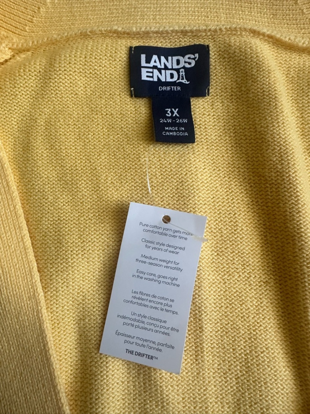 Lands' End Yellow Women’s Cotton V-Neck Cardigan - Picture 3 of 4